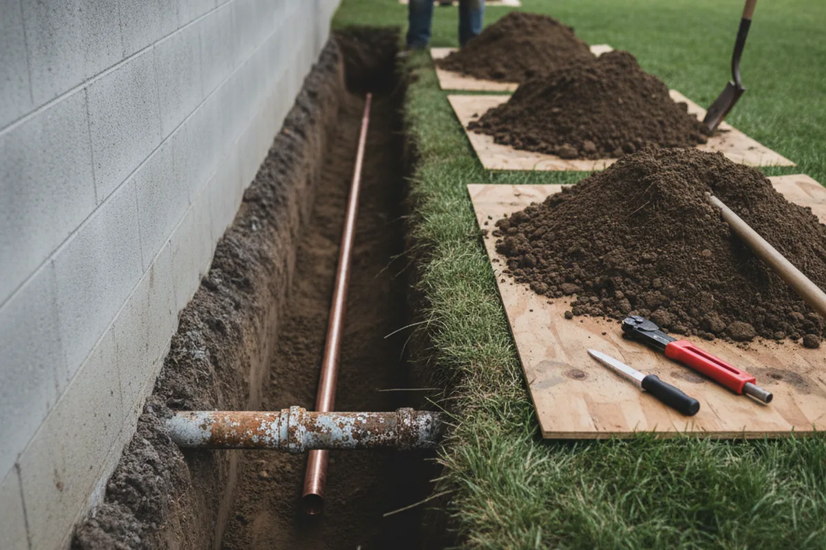 Excavated water line trench during Sewer Line Repair in Arjay